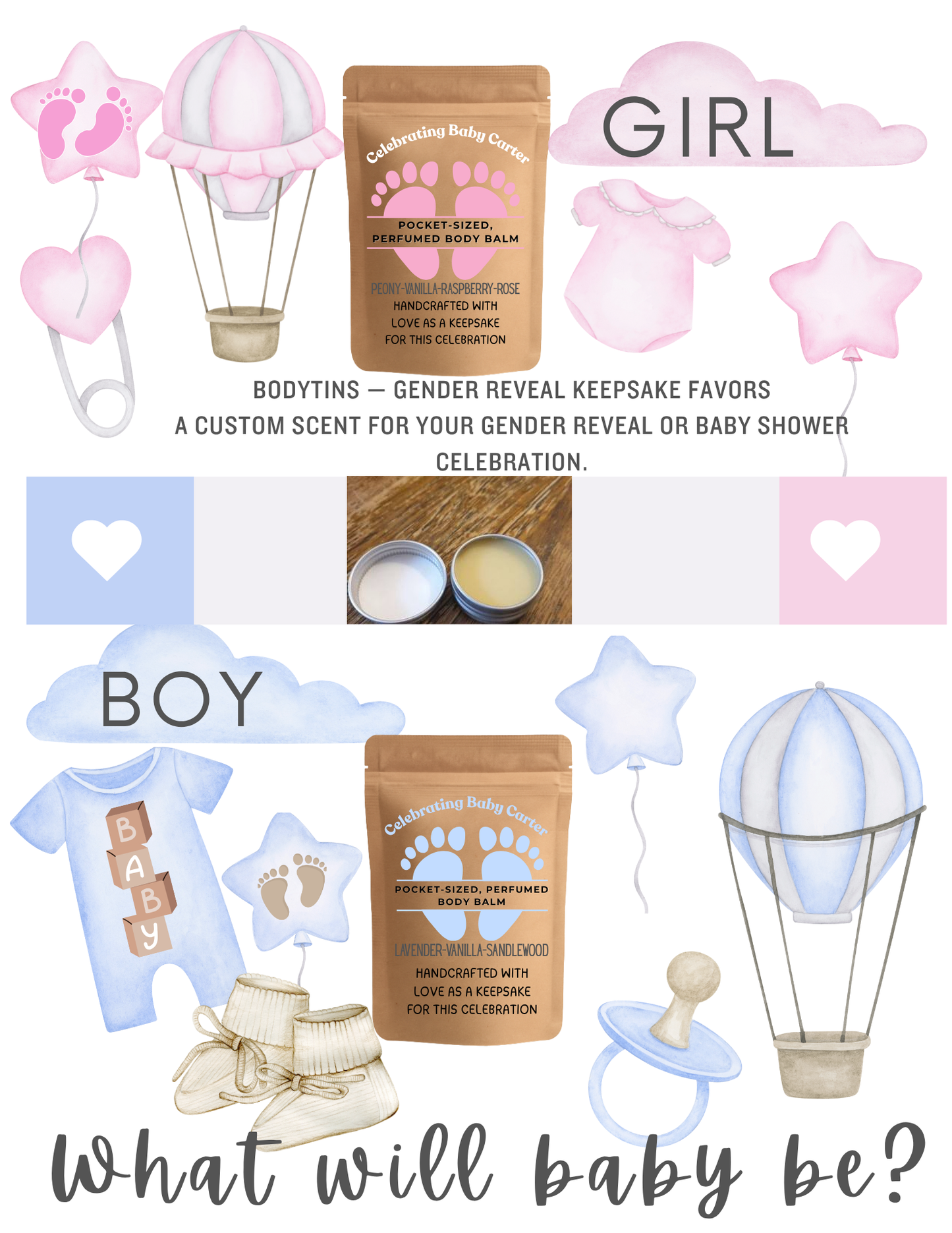 Custom Baby Shower or Gender Reveal Keepsakes Scented Body Balm